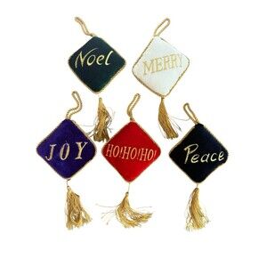 5 Vintage Christmas Pillow Ornaments Peace, Merry,joy Velvet Fabric Gold Tassel